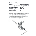 1/4 tuuman eli tilkkutyöjalka, Janome tai Elna pikakiinitys, ommelleveys eniten 7 mm